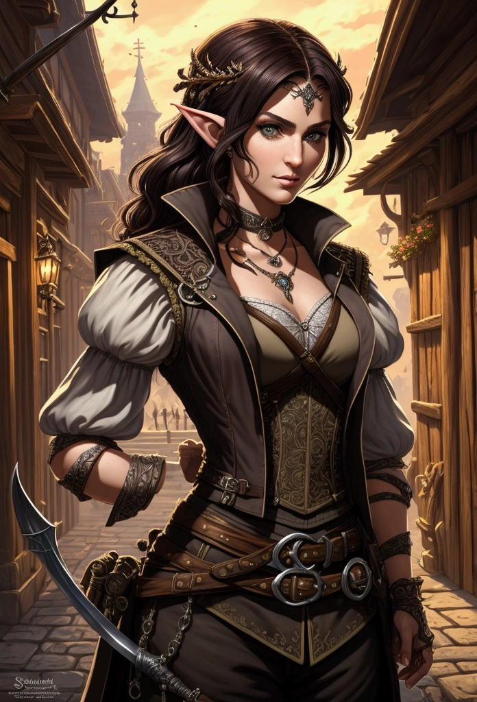 (Masterpiece, Best quality, Top quality, Intricate details, Beautiful, aesthetic:1.2), a drawing of a woman , medium shot, samdoesarts style, character art closeup, portrait of a dnd character, half elf woman, rpg book portrait beautiful woman, character portrait, 1 female elf, beautiful short dark hair, swashbuckler, rogue, dressed well, black trousers, baggy britches, and vest, a sickle hangs from her hip, daytime, crowded city streets, fantasy city, cobblestone streets,