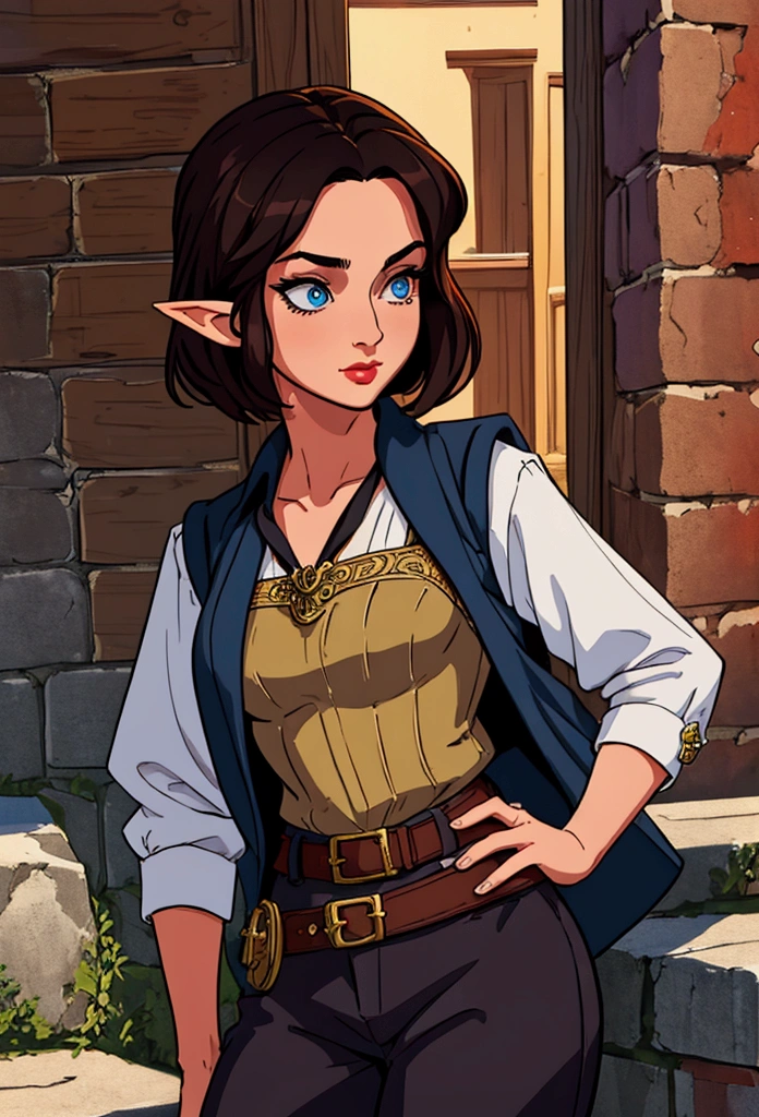 (Masterpiece, Best quality, Top quality, Intricate details, Beautiful, aesthetic:1.2), a drawing of a woman , medium shot, samdoesarts style, character art closeup, portrait of a dnd character, half elf woman, rpg book portrait beautiful woman, character portrait, 1 female elf, beautiful short dark hair, swashbuckler, rogue, dressed well, black trousers, baggy britches, and vest, a sickle hangs from her hip, daytime, crowded city streets, fantasy city, cobblestone streets,