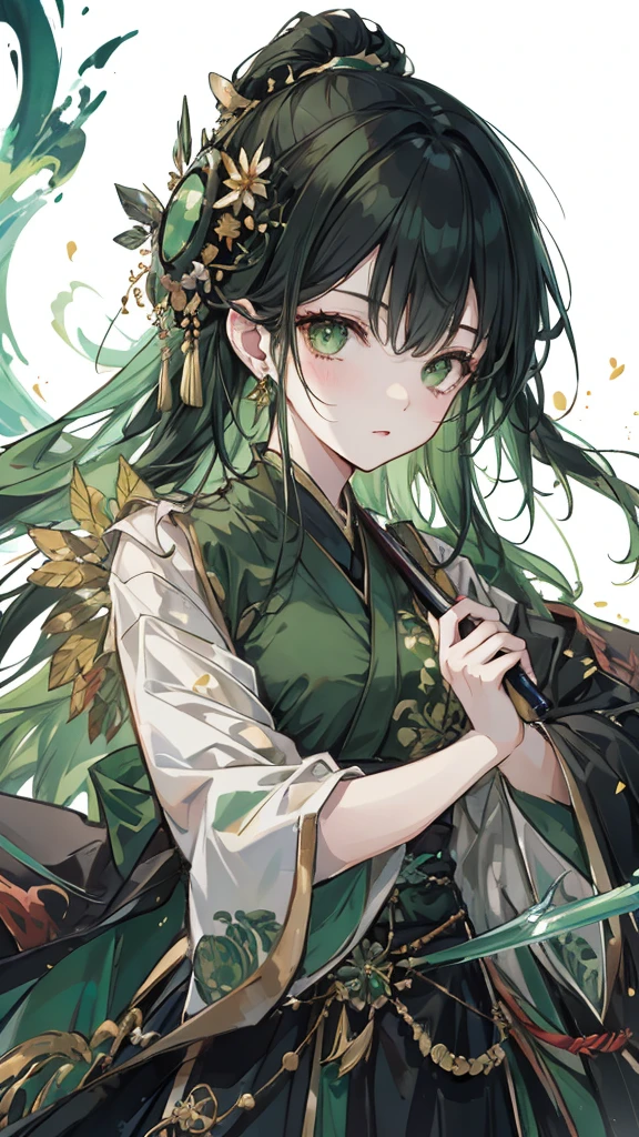 green black hair，dark green eyes，Green Hanfu and black armor，turtle