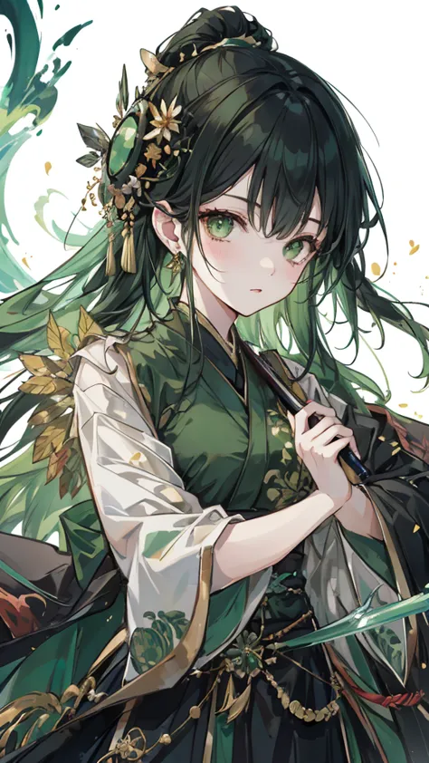 green black hair，dark green eyes，green hanfu and black armor，turtle