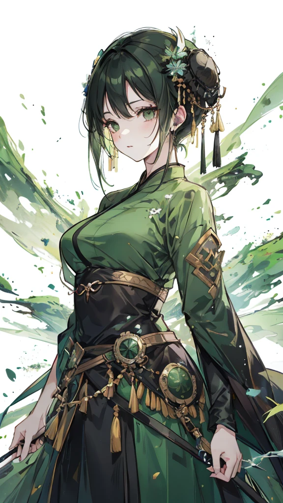 green black hair，dark green eyes，Green Hanfu and black armor，turtle