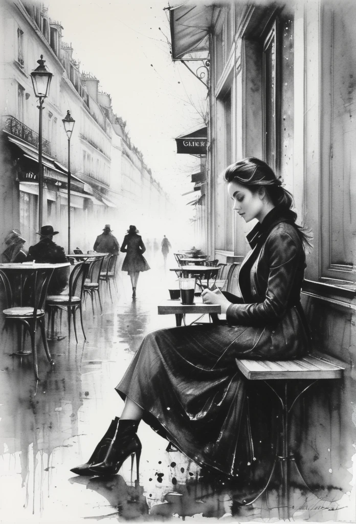 Charcoal drawing, crayons, black pencil drawing, pencil drawing, black and white drawing, graphite drawing, Poster, close-up, Full length, stunningly beautiful young woman sitting in a Parisian street cafe, portrait by Willem Henraets, watercolor, wet-on-wet and splatter technique, center, perfect composition, abstraction, surrealism Charcoal drawing, painting in the style of artists such as Russ Mills, Sakimichan, Vlop, Leush, Artgerm, Darek Zabrocki and Jean-Baptiste Monge,