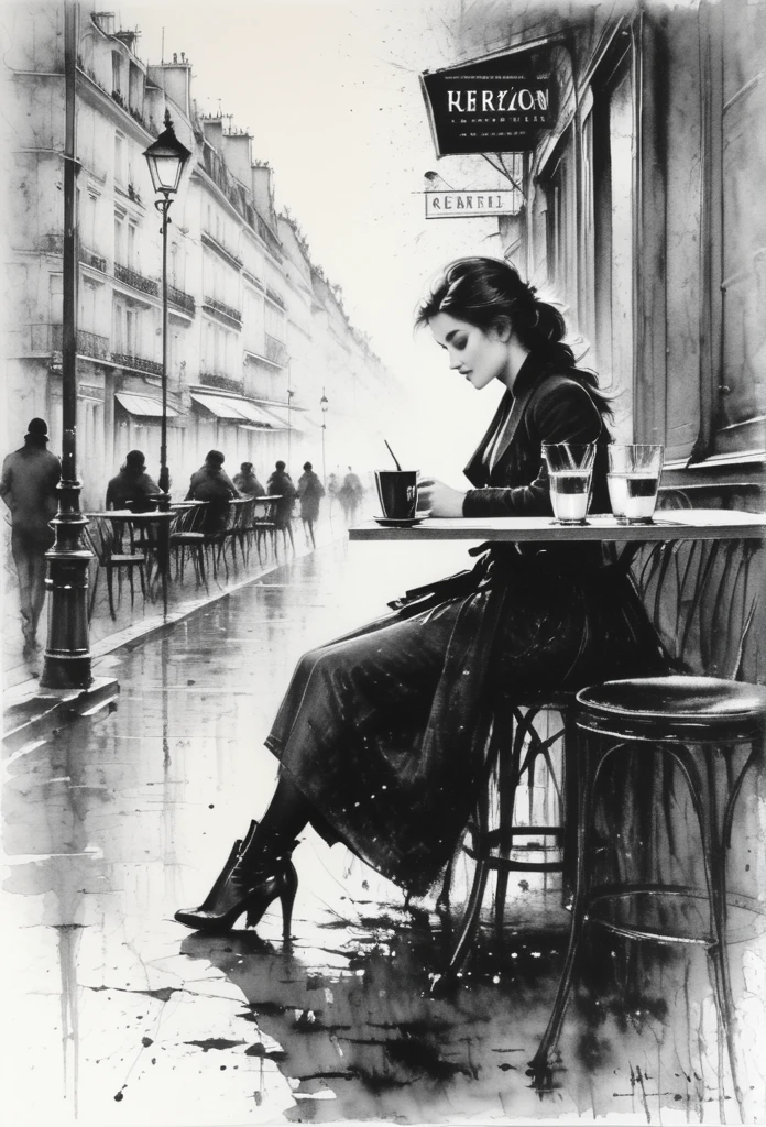 Charcoal drawing, crayons, black pencil drawing, pencil drawing, black and white drawing, graphite drawing, Poster, close-up, Full length, stunningly beautiful young woman sitting in a Parisian street cafe, portrait by Willem Henraets, watercolor, wet-on-wet and splatter technique, center, perfect composition, abstraction, surrealism Charcoal drawing, painting in the style of artists such as Russ Mills, Sakimichan, Vlop, Leush, Artgerm, Darek Zabrocki and Jean-Baptiste Monge,