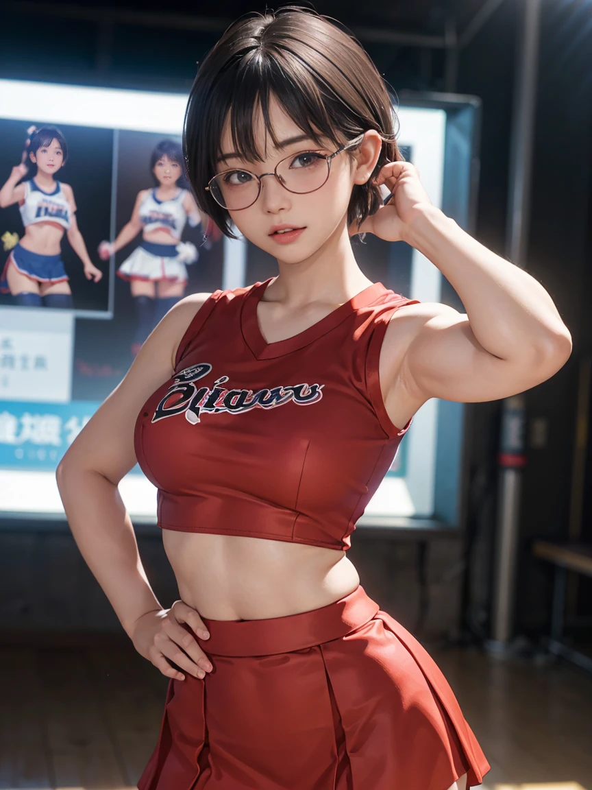 8k, RAW Photos, Highest quality, masterpiece, Realistic, Realistic, (1 Ultimate beauty), 野球cheer leading部,(Strictly adhere to a composition where only one person appears in the photo)、(At the baseball stadium)(Wear rimless glasses)((Female Cheerleader))(cheer leading) (((Bold-colored sleeveless shirt and flared skirt)))Highly detailed face, (Perfect Teeth), fine grain, double eyelid, eyelash, Lip details, (((Black hair pixie cut)), (((Very large breasts)))Big Breasts,(((Accentuate your cleavage)))(((squat)))(((Squat posture)))((Sexy pose))(((It emphasizes the crotch.)))Cowboy Shot,  Soft Light, ((Written boundary depth)) 
Proceed with caution，((, Japanese women)), (((moderately fleshy body, Tight waist))), (((Front view, Realistic))Front view