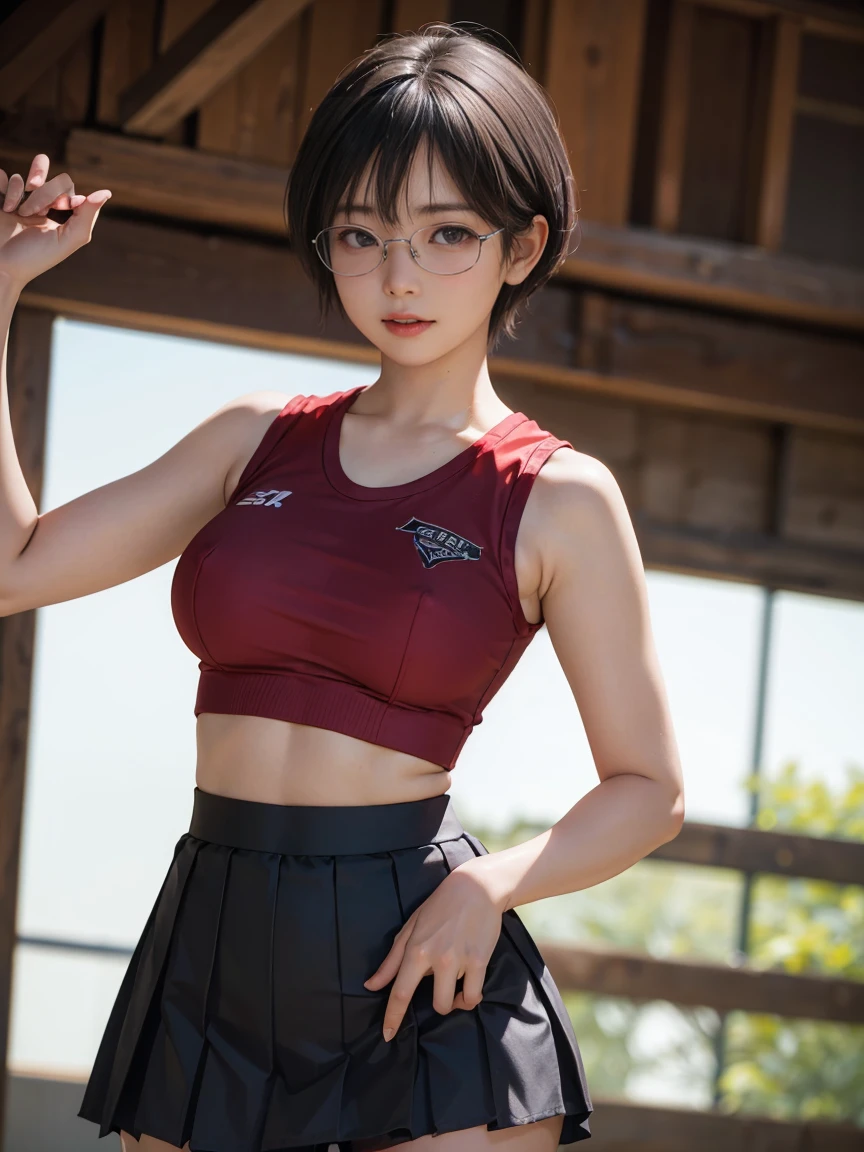 8k, RAW Photos, Highest quality, masterpiece, Realistic, Realistic, (1 Ultimate beauty), 野球cheer leading部,(Strictly adhere to a composition where only one person appears in the photo)、(At the baseball stadium)(Wear rimless glasses)((Female Cheerleader))(cheer leading) (((Bold-colored sleeveless shirt and flared skirt)))Highly detailed face, (Perfect Teeth), fine grain, double eyelid, eyelash, Lip details, (((Black hair pixie cut)), (((Very large breasts)))Big Breasts,(((Accentuate your cleavage)))(((squat)))(((Squat posture)))((Sexy pose))(((It emphasizes the crotch.)))Cowboy Shot,  Soft Light, ((Written boundary depth)) 
Proceed with caution，((, Japanese women)), (((moderately fleshy body, Tight waist))), (((Front view, Realistic))Front view