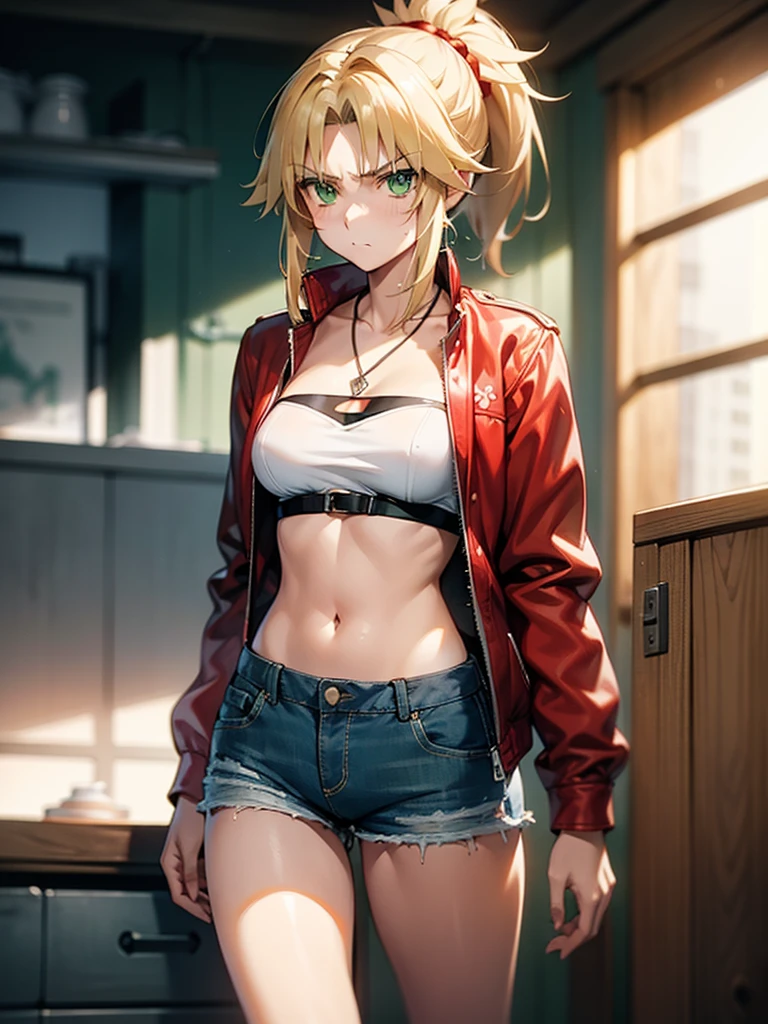 (​masterpiece、top-quality、hight resolution、Unity 8k、extremely details CG:1,Best Picture), modred, (green eyes:1.5), blonde hair, ponytail, short hair, scrunchie, red scrunchie, hair scrunchie, denim, denim shorts, jacket, jewelry, midriff, navel, necklace, red jacket, short shorts, shorts, tube top, white top, nsfw, dirty talk, female thug, Irritated, dissatisfied, disapproving.