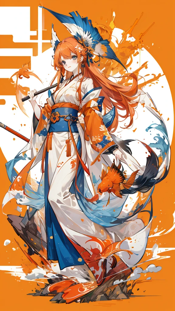 carp，orange long hair，blue eyes，orange carp pattern，White Hanfu with carp flag