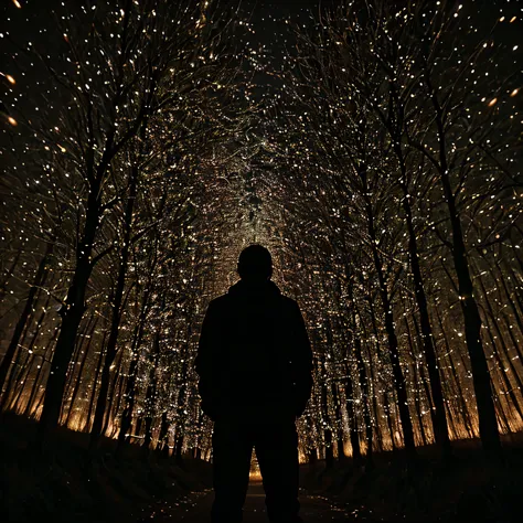 a person made of fireflies, surrounded by fireflies.