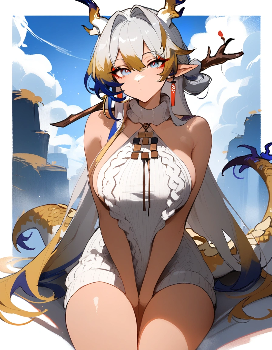 1girl, shu \(arknights\), arknights \\\\\ masterpiece, best quality, very aesthetic, absurdres, newest, newest, horns, ///// , ,nyantcha , , khyle, cutesexyrobutts \\\\\ narrow waist, big breasts, dragon_girl, cropped legs, sky, clouds, dragon tail, light blue eyes, virgin killer sweater,straight-on , outside border,, looking at viewer,sit, long hair, hands between legs