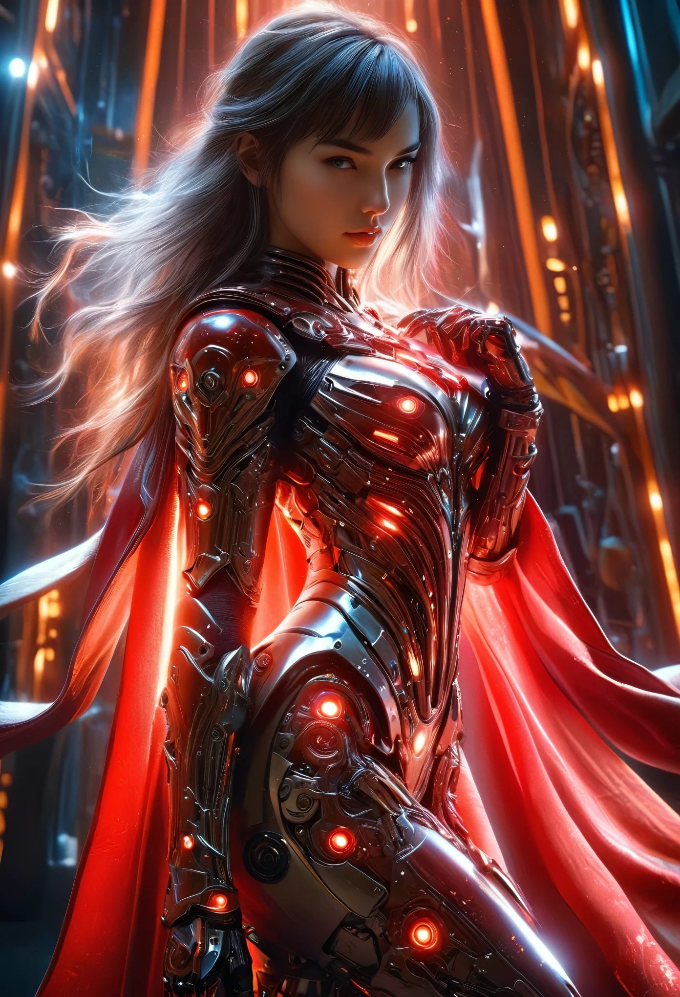 (Best Quality, 4K, 8K, High Resolution, Masterpiece: 1.2), (Super Detailed, Realistic, Photorealistic:1.37), A woman in futuristic clothing, (erotic and sexy:1.4), Trending on cgstation, Trending on cgstation, (Portrait of a girl in the Knights of the Zodiac:1.4), (blunt bangs:1.7), Cute Cyborg Girl, Perfect android girl, Portrait Astronaut Girl, Beautiful girl cyborg, Girl wearing iridescent red mechanical cyber armor, Game CG, cgsociety and fenghua zhong, Beautiful Cyborg Shrine Maiden, Bioluminescence, (Gal Gadot:0.6), Anatomically correct grip, Anatomically correct four fingers and one thumb, (long claws:1.4), erotic and sexy, A gorgeous cape with beautifully detailed embroidery