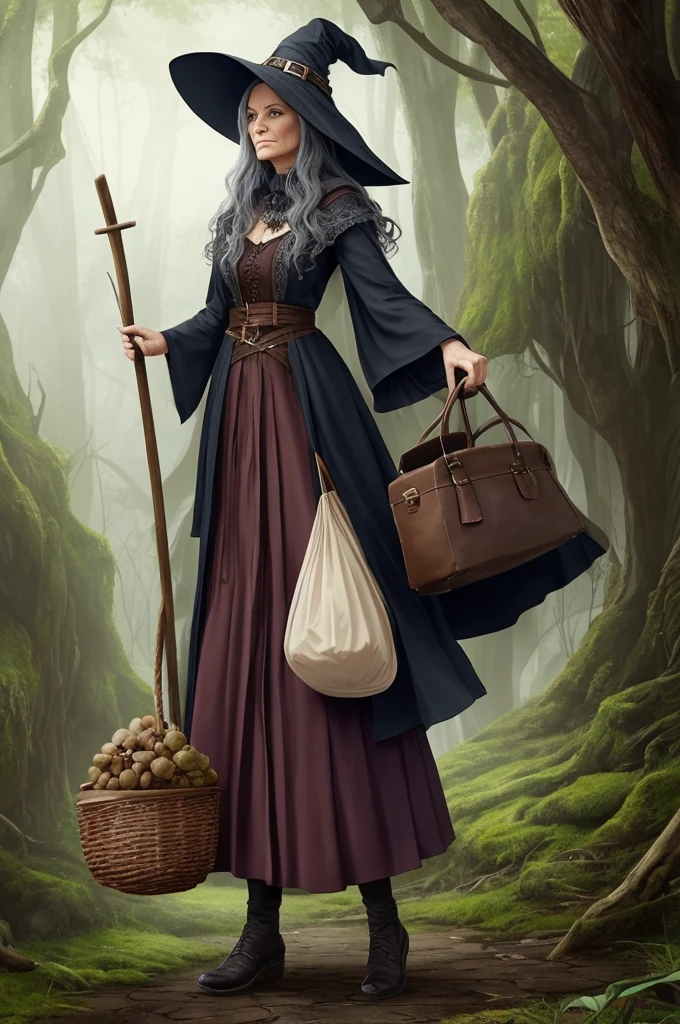 Old witch character holding a large bag showing full body from head to toe