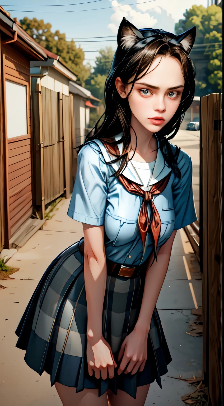 young slim girl, pioneer neckerchief, very short blue skirt, bangs, collarbone, tight white shirt, bursting breast, short sleeves, collared shirt, belt, red neckerchief, full body shot, rounded face, very long straight hair, big brown eyes, evil smile, perfect flat breast, band on head with fake cat ears, chri5tinaricci99, seductive pose, looking at viewer, 8k vector photography, young teen, beautiful eyes, realistic lighting, detailed outfit, realistic facial features, hyper detail, masterpiece, taffytales