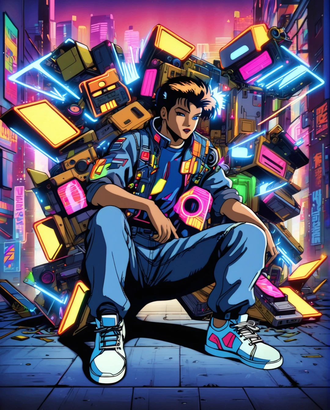 Design a portrait that merges the aesthetics of Neo pop art, 90’s urban teenage fashion, and anime. The half-cyborg character is dressed in oversized denim, a neon graphic t-shirt, and colorful sneakers, with visible robotic enhancements like glowing circuits or metallic limbs. The background is a vibrant mix of city lights, abstract shapes, and iconic 90’s imagery like boomboxes and arcade machines. The colors are bold and saturated, creating a visually striking image that combines nostalgia with futuristic elements.