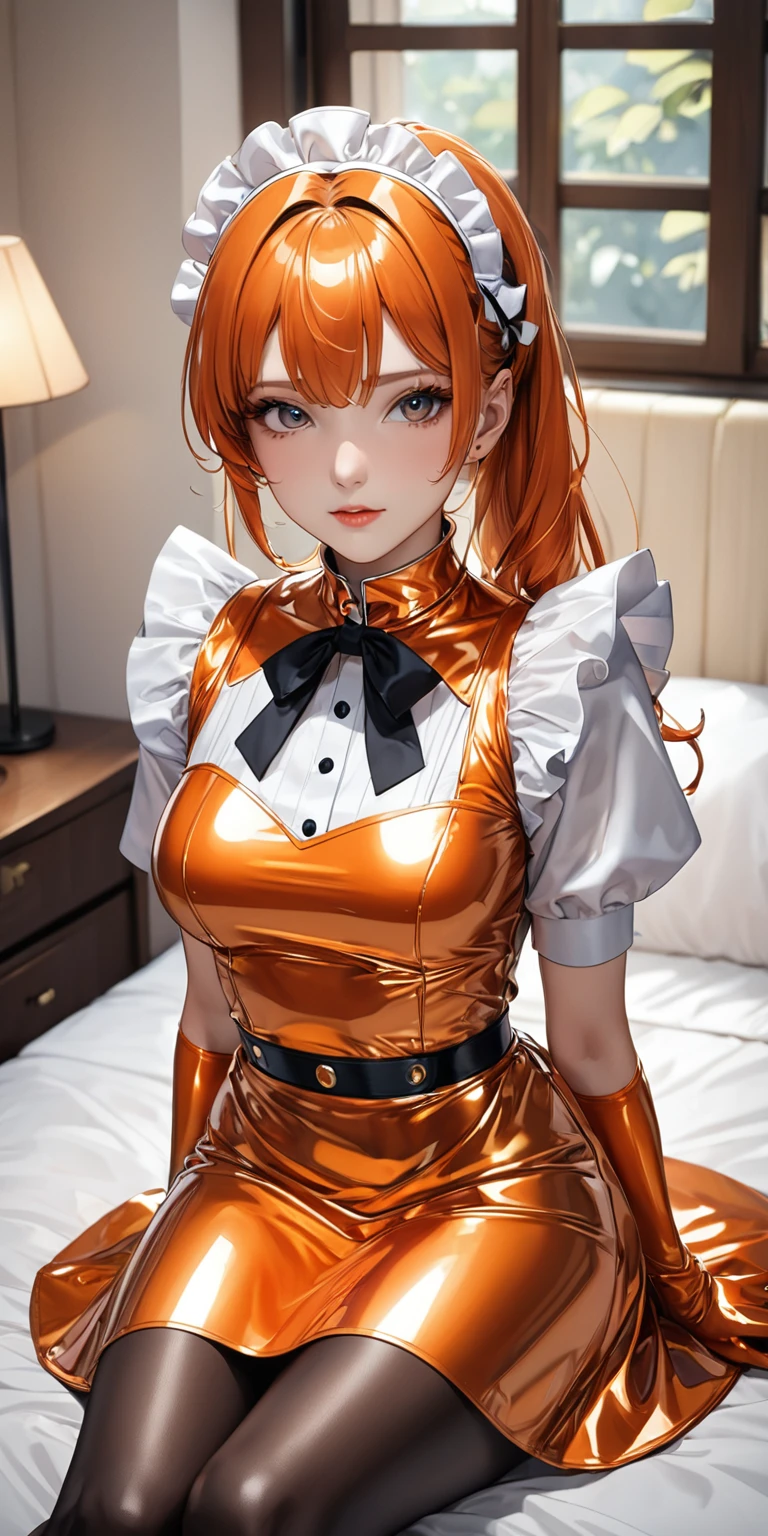 Portraiture、(masterpiece,Highest quality,Ultra-high resolution),Japanese women, Maid Headband、(((A very beautiful 25 year old))),(Metallic Orange Latex Maid Outfit)、((Metallic Orange Latex Long Skirt))、(Metallic Orange Latex Long-sleeved Shirt covering the upper body)、Metallic Orange Latex Long Gloves、Metallic orange latex tights、Metallic Orange Latex Bodysuit、Latex is very shiny、Dark Room、Sitting on the bed