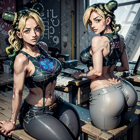 score_9, score_8_above, score_8, score_9, 1 girl, jolyne cujoh, white leggings, black sports bra, sit at the desk, grabbing the ...