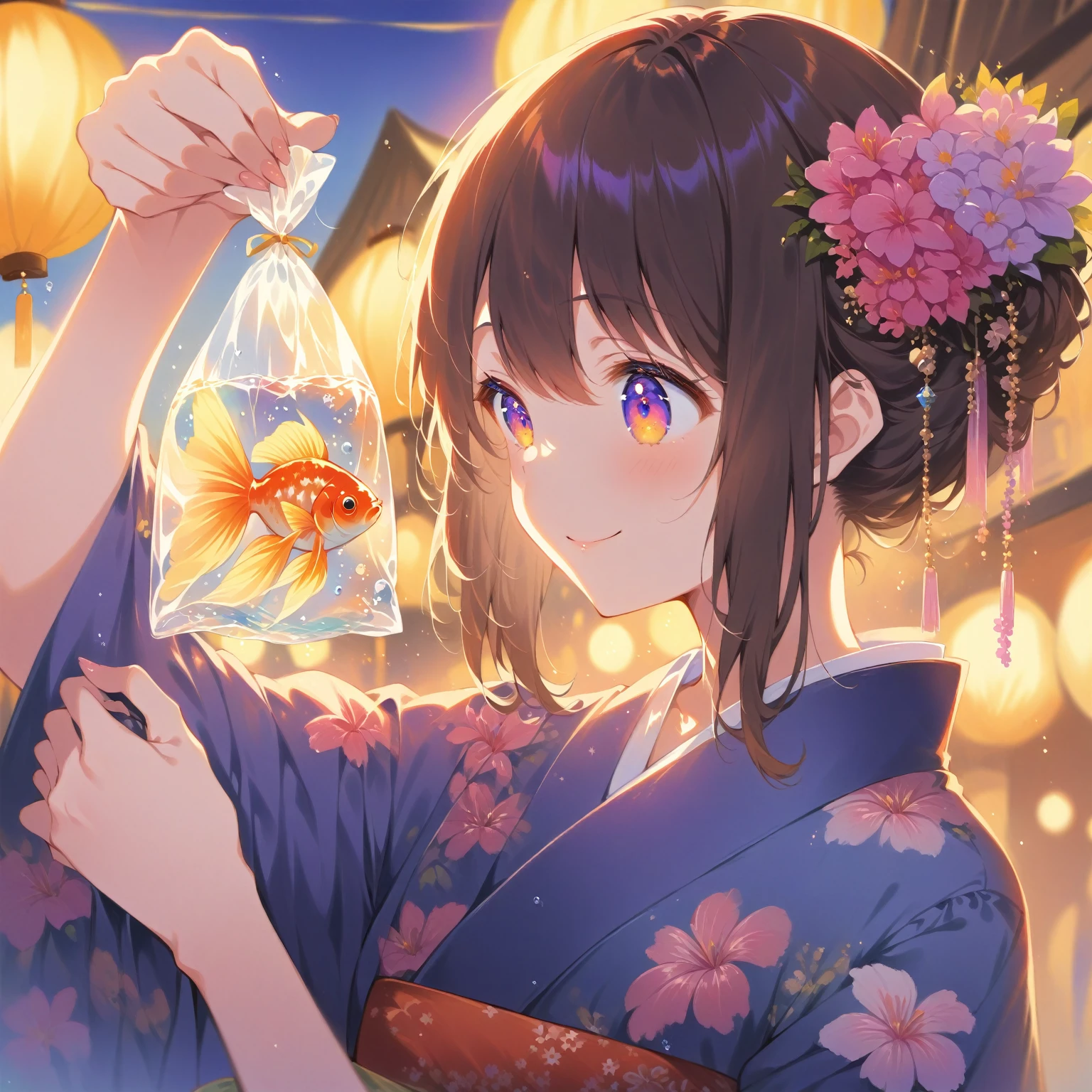 score_9_up, score_9, score_8_up, score_7_up, source_anime,masterpiece, best quality, high resolution, extremely detailed CG, absurdres, highres,On the evening of the summer festival, 1girl, solo, a girl in a yukata holds a goldfish in a small transparent plastic bag. The girl lifts the bag in front of her eyes and looks ahead through the water in the bag with a gentle smile, good_hands, Long eyelashes, fine, beautiful eyes