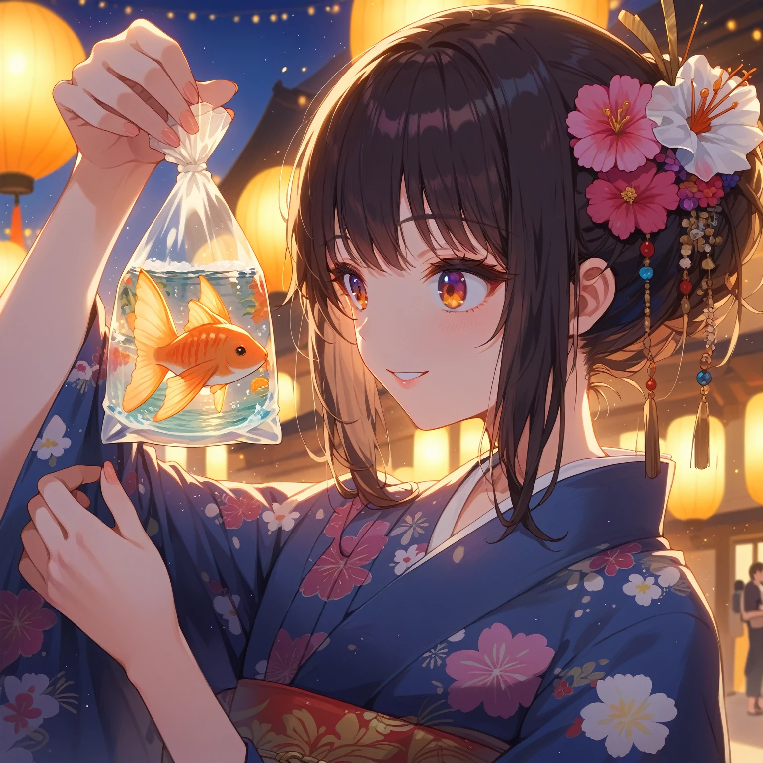 score_9_up, score_9, score_8_up, score_7_up, source_anime,masterpiece, best quality, high resolution, extremely detailed CG, absurdres, highres,On the evening of the summer festival, 1girl, solo, a girl in a yukata holds a goldfish in a small transparent plastic bag. The girl lifts the bag in front of her eyes and looks ahead through the water in the bag with a gentle smile, good_hands, Long eyelashes, fine, beautiful eyes