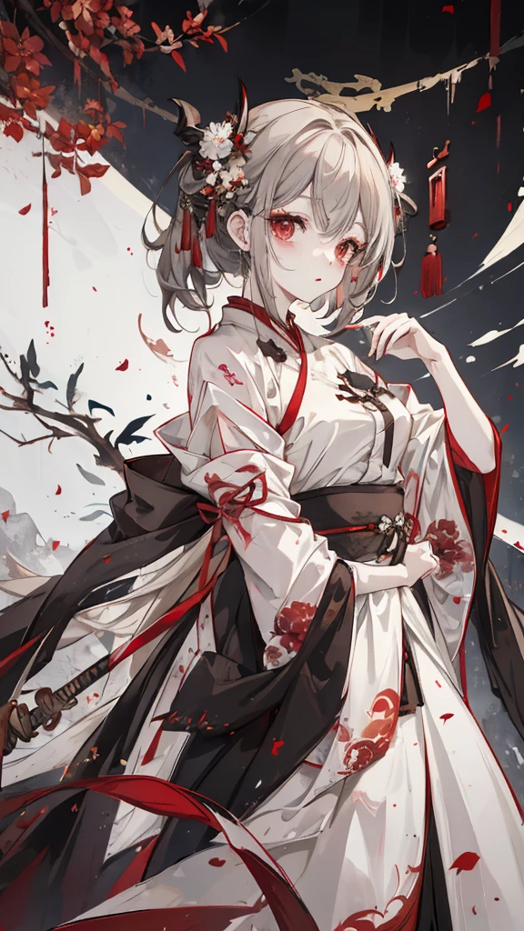 bat，Short, brown-grey hair，Red eyes，White bat patterns on a black Hanfu.