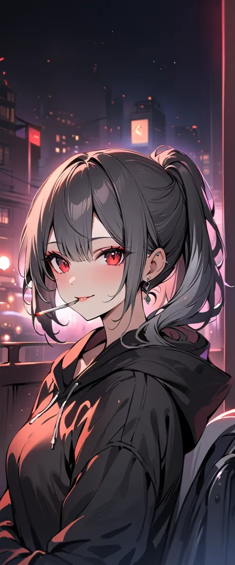 good looking, alone, 1 female, ponytail, black hair with smoky grey tips, striped hair, smile,red eyes,earrings, black shirt, bl...