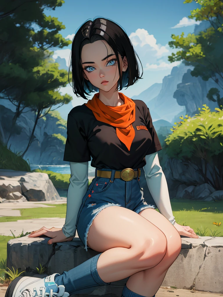 (masterpiece), best quality, expressive eyes, perfect face, highres, 1 girl, solo, android 17 girl, (female body:1.3), blue eyes, black short hair,parted hair,short hair, black shirt, jeans, layered shirt, white sleeves,orange bandana, blue sneakers, green socks, brown belt, red patch, outdoor, landscape, sitting on floor, portrait, looking at the viewer, An exquisite masterpiece of top quality and high resolution featuring Marnie. Big sleepy eyes, Aqua eyes、Glowing under the dim light. black short hair, magazine style, dark backbround