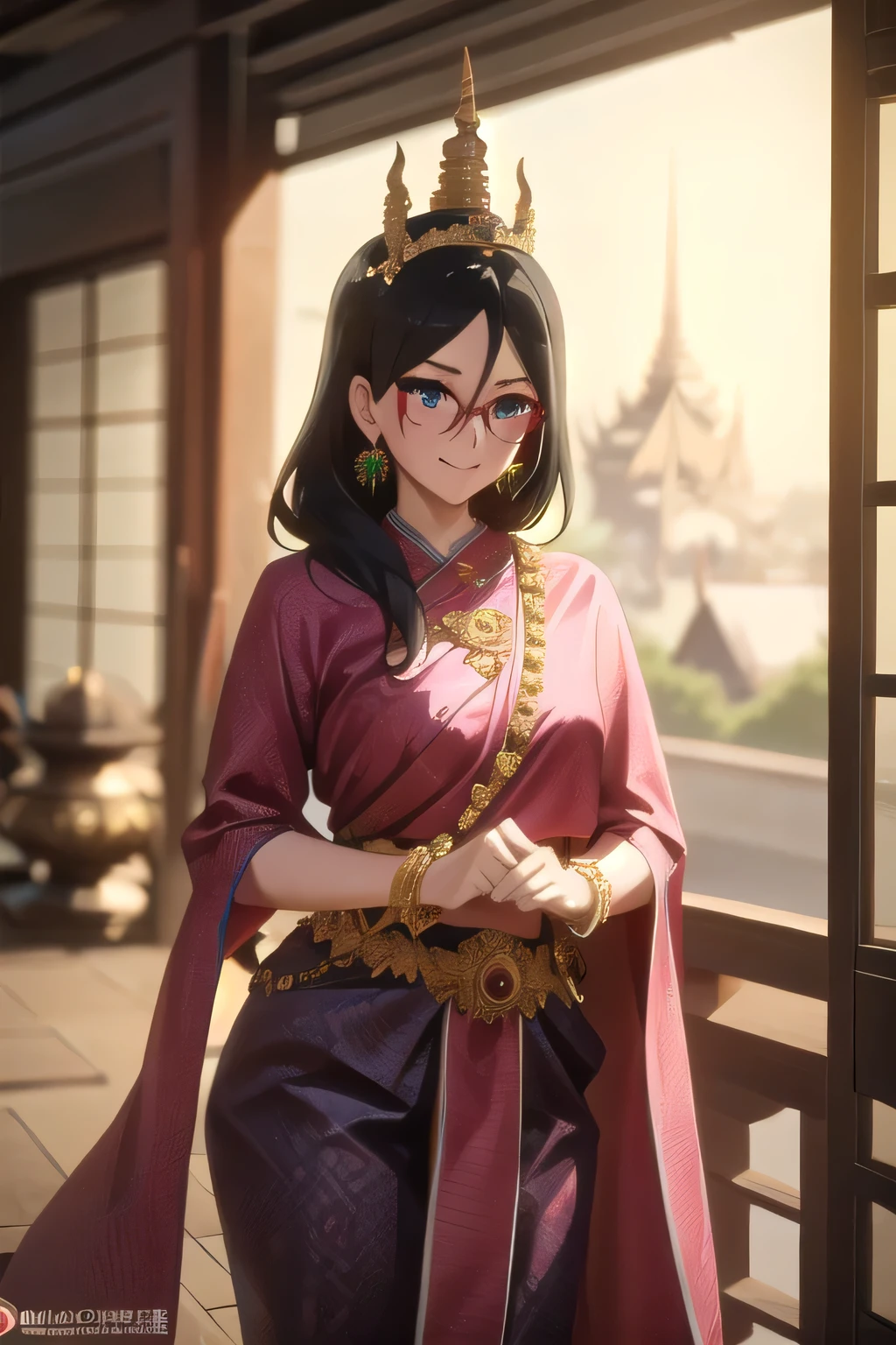 คุณภาพดีatสุด, Masterpiece, high resolution, alone, {Thanaka_Asuka_euphonium sound:1.15}   black_hair, long_hair, glasses, light blue_eyes, Blush, red frame_glasses, Seraph, beyond the edge_glasses, semi borderless_glasses, hair_between_eyes, 1 woman,  watch_at_ผู้watch, smile,  ((Thai princess:1.3)),(Gorgeous thai costumes with รายละเอียดatซับซ้อน,ชุดatงดงาม,เครื่องประดับทองคำatงดงาม, รายละเอียดatซับซ้อน,luxury jewelry accessories,ขอบatงดงาม, รายละเอียดatซับซ้อน,Various gems:1.2),((Thai Buddhist Temple))