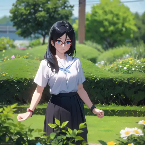 คุณภาพดีatสุด, masterpiece, high resolution, alone, {thanaka_asuka_euphonium sound:1.15} (garden:1.13), , black_hair, long_hair,...