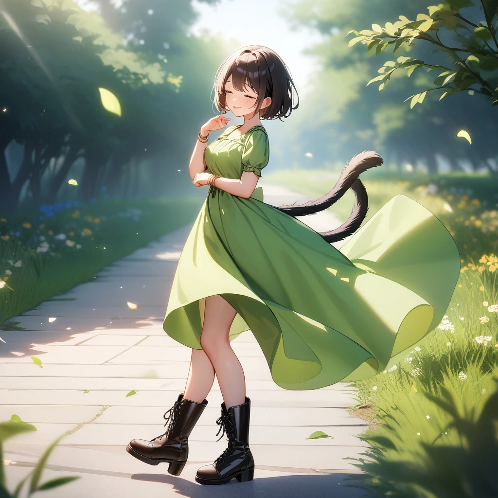 green dress short sleeves black boots, tny-atla, closed eyes,tail, bracelets, full body, solo, 1girl, outdoors, masterpiece, best quality, very aesthetic, absurdres 