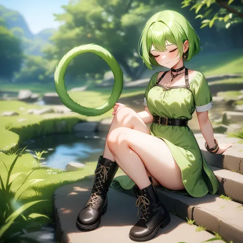 green dress short sleeves black boots, tny-atla, closed eyes,tail, bracelets, full body, solo, 1girl, outdoors, masterpiece, bes...