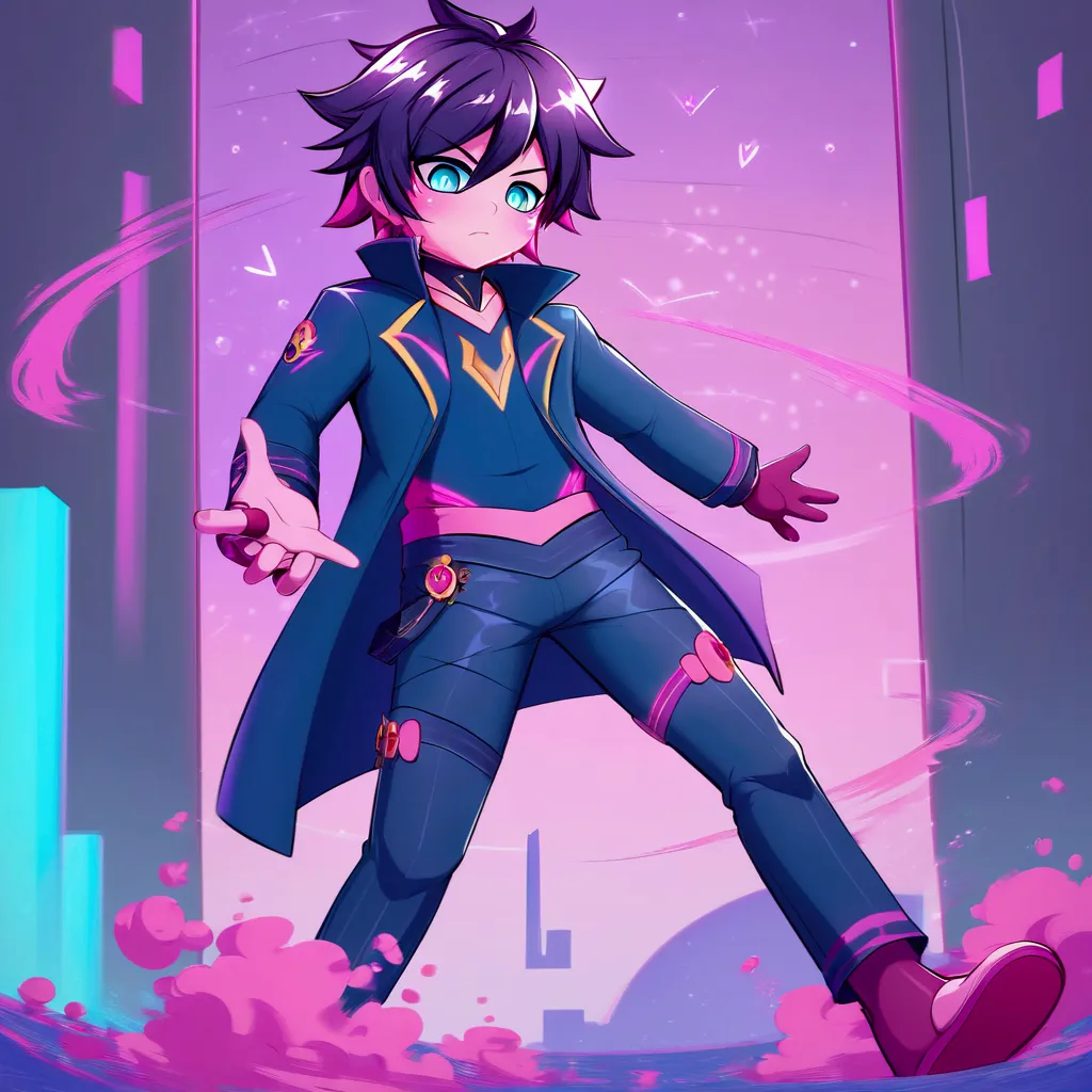 glitch man, glitch design, technology, vibrant colors, stylish, action shot, purple, anime style, cartoon, manly