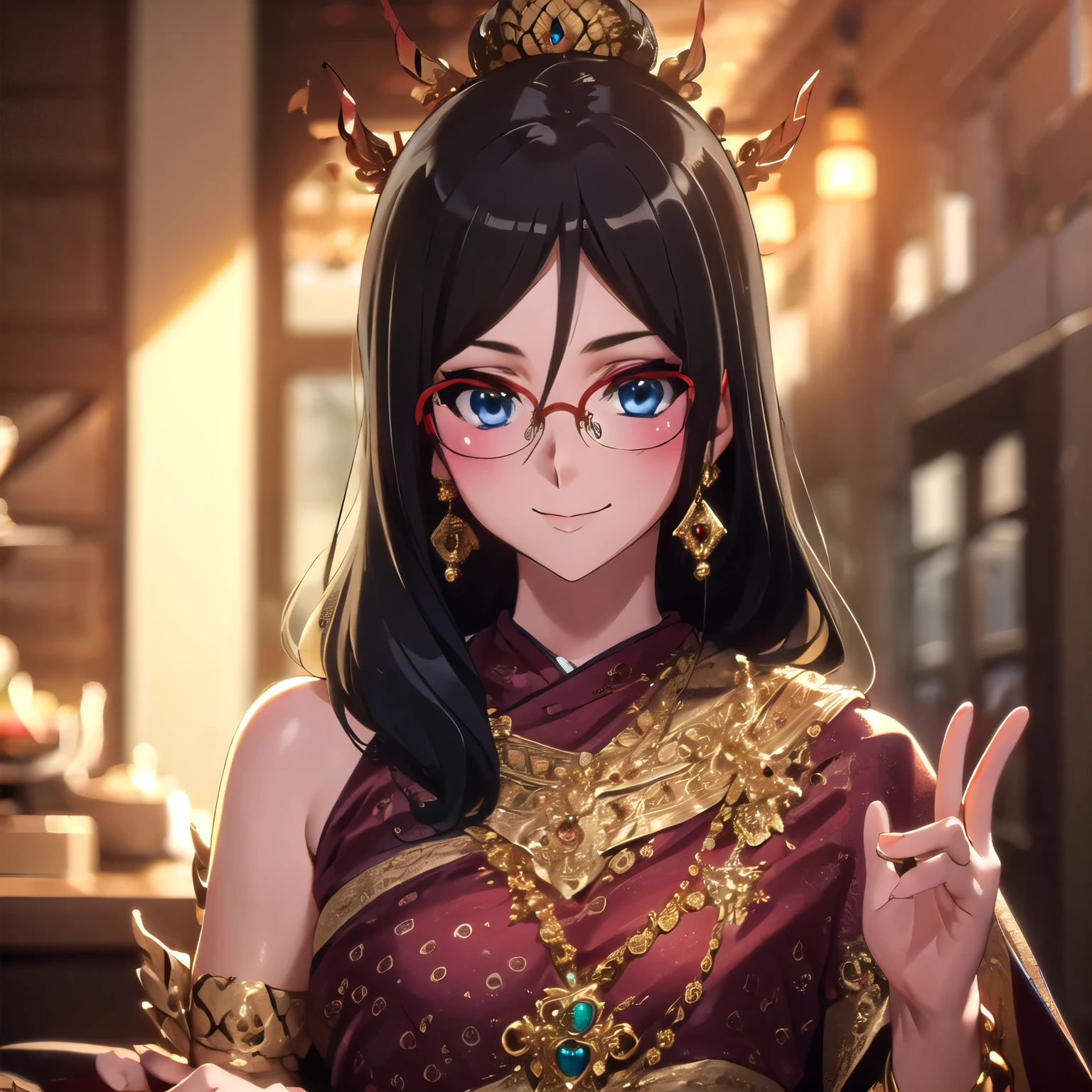 best quality, Masterpiece, high resolution, alone, {Thanaka_Asuka_euphonium sound:1.15}   black_hair, long_hair, glasses, light blue_eyes, Blush, red frame_glasses, Seraph, beyond the edge_glasses, semi borderless_glasses, hair_between_eyes, 1 woman,  looking at_viewer, smile,  ((Thai princess:1.3)),(Gorgeous thai costumes with complicated details,Gorgeous dress,Gorgeous gold jewelry, complicated details,luxury jewelry accessories,gorgeous edge, complicated details,Various gems:1.2),((Thai Buddhist Temple))