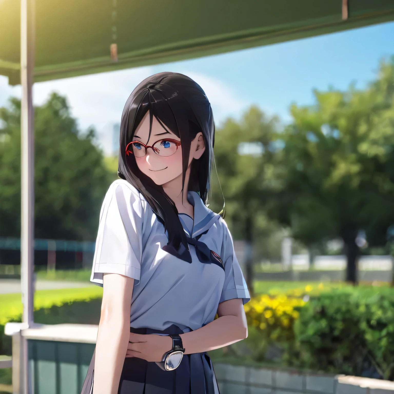 คุณภาพดีatสุด, Masterpiece, high resolution, alone, (garden:1.13), Asuka_Tanaka,  black_hair, long_hair, glasses, light blue_eyes,  red frame_glasses, beyond the edge_glasses, semi borderless_glasses, hair_between_eyes, 1 woman,  watch_at_ผู้watch, smile, (Thai school uniform:1.4), (High school student uniform)(white short sleeve shirt:1.2), (กระโปรงlongจับจีบblack:1.2),