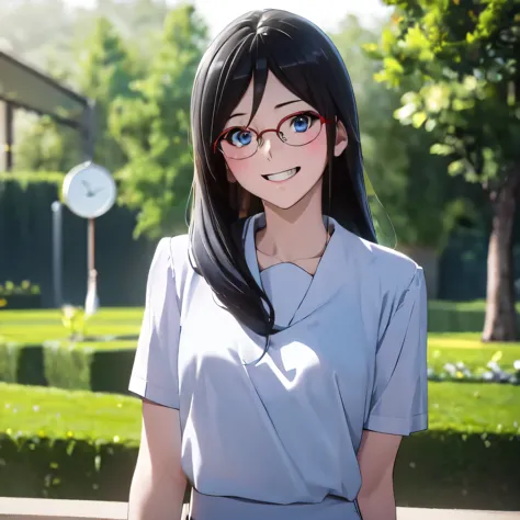 คุณภาพดีatสุด, masterpiece, high resolution, alone, (garden:1.13), asuka_tanaka,  black_hair, long_hair, glasses, light blue_eye...