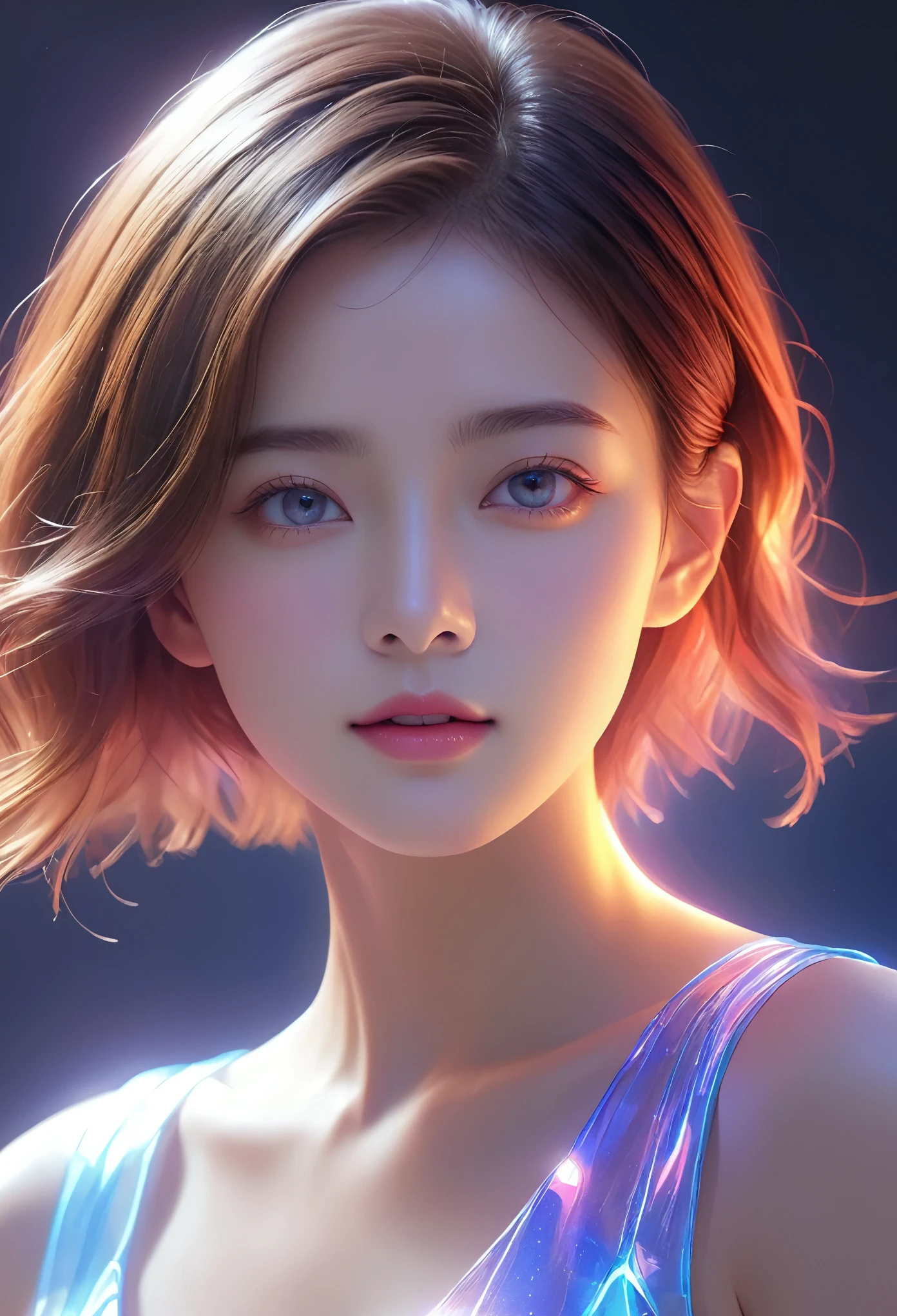 Fluorescent Color, 1 girl, Look to the side, Pretty Face, beautiful eyes, (Shoulder: 1.2), Upper Body, Shiny hair, Glowing skin, Reduce glare emissions, The fingers are in good proportion, dark, Throw, Dynamic Angle, (((Main Part))), (((Better quality))), ((Ultra Detailed)), (illustration), (Detail Light), ((Extremely exquisite and beautiful)), dramatic_shadow, Rays_track, reflection, Ultra-high resolution, laser, Red Cliff