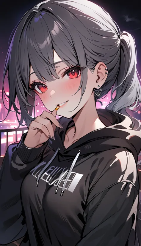 good looking, alone, 1 female, ponytail, black hair with smoky grey tips, striped hair, smile,red eyes,earrings, black shirt, bl...