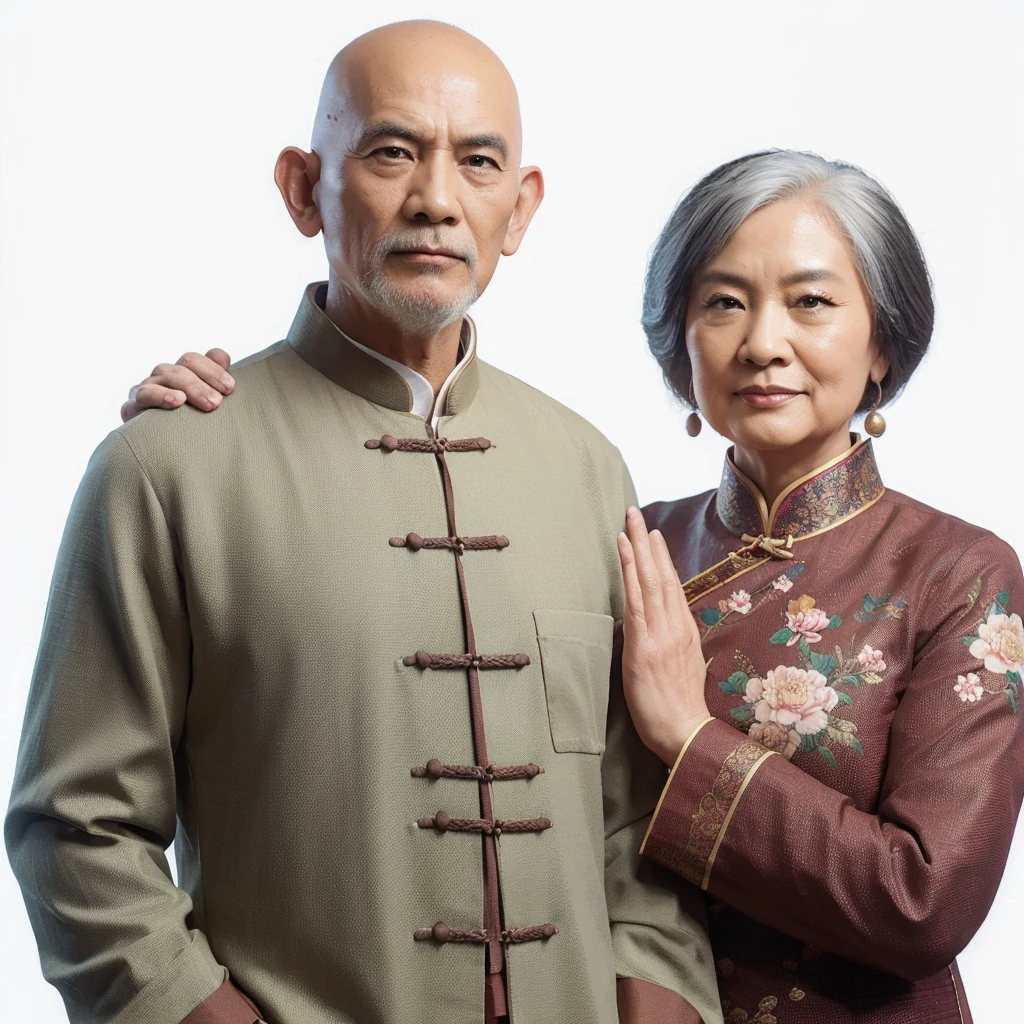 Studio photo 3D réaliste, un homme de 70 ans, tête chauve, origine ethnique chinoise, épaules larges, portant des vêtements typiquement chinois, debout à côté d&#39;une femme de 70 ans, origine ethnique chinoise, portant des vêtements typiquement chinois. fond blanc.