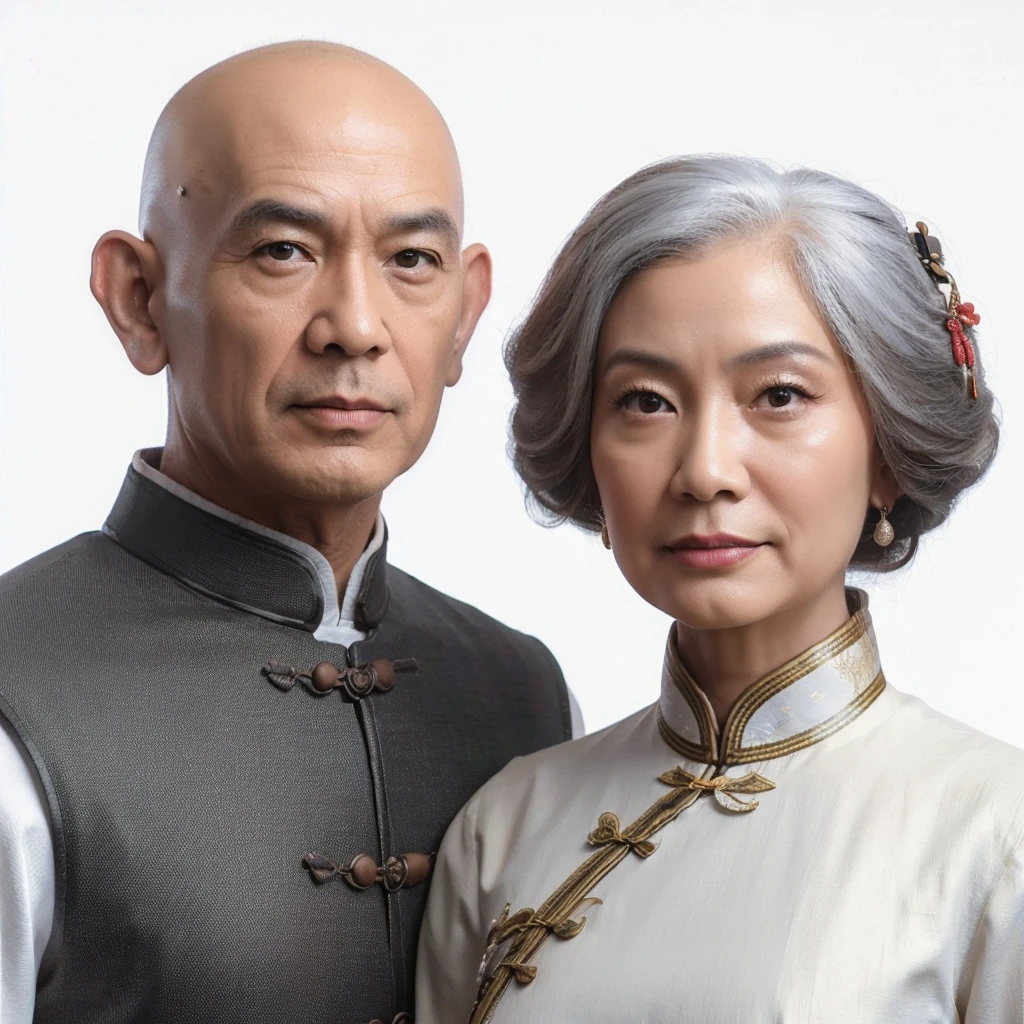 Studio realistic 3D photo, a 70 year old man, bald head, Chinese ethnicity, broad shoulders, wearing typical Chinese clothes, standing next to a 70 year old woman, Chinese ethnicity, wearing typical Chinese clothes. white background.