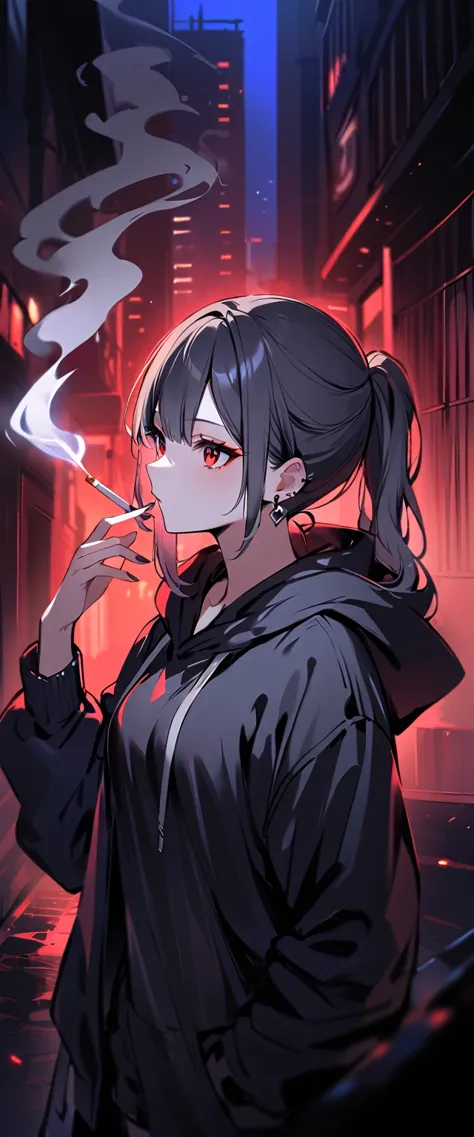 good looking, alone, 1 female, ponytail, black hair with smoky grey tips, red eyes,earrings, black shirt, black and white hooded...