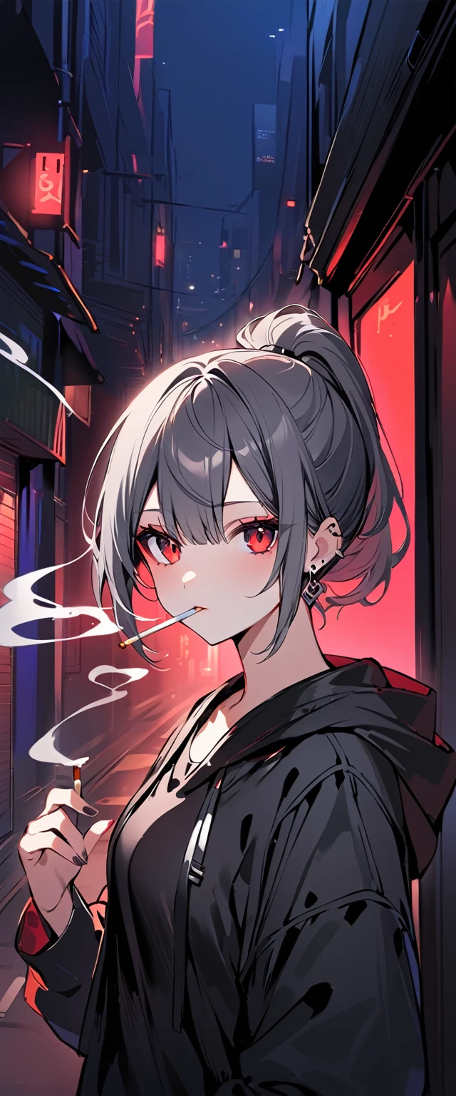 good looking, alone, 1 female, ponytail, Black hair with smoky grey tips, Red eyes,Earrings, Black Shirt, Black and white hooded, smoking, night, Black light