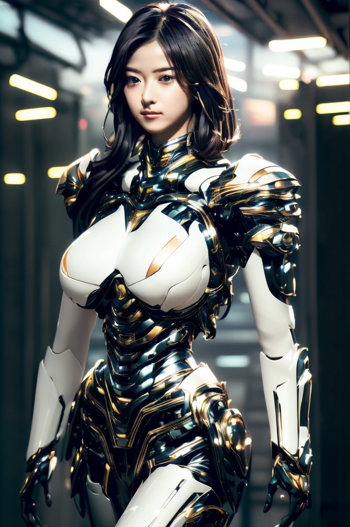 Highest quality, masterpiece, figure, (Realistic, photo-Realistic:1.37), wonderful, In detail, Incredibly absurd, Large file size, Very detailed, High resolution, Very detailed CG Unity 8k wallpaper, Very detailed目と顔, Ray Tracing, Browsing Caution, NUDE, One girl, Korean cyborg girl is innocent and young々Has a sly expression. She poses boldly with her arms raised above her head, Revealing her voluptuous figure. She is wearing a small black mecha armor top that barely covers her breasts., Exposing most of her flawless skin. Her shoulders and head have more armor detailing.、There are shining highlights, Tech Panels and Mechanisms. She is standing against a futuristic cityscape lit up with vibrant neon lights.、Standing full of energy。.