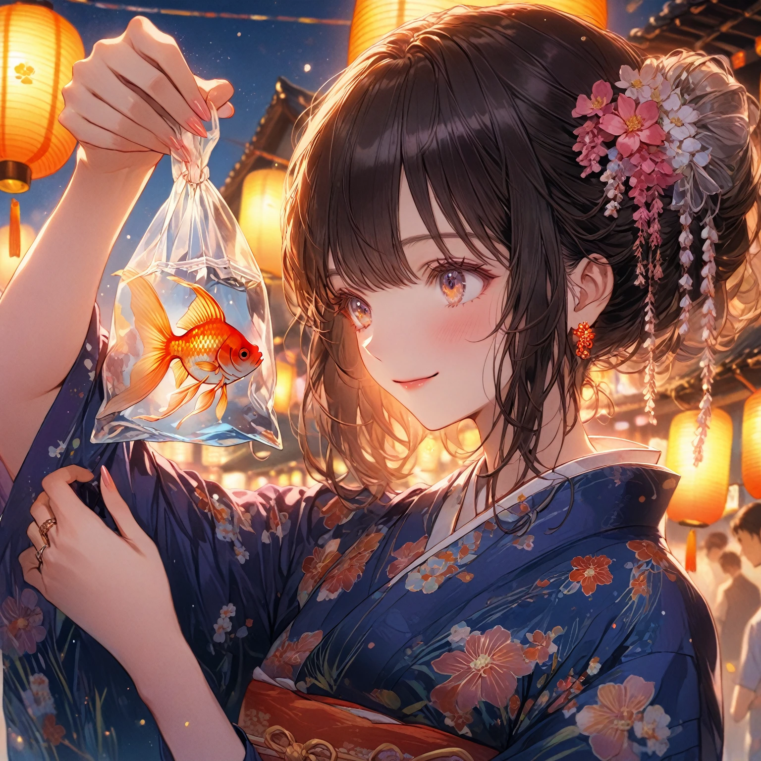 score_9_up, score_9, score_8_up, score_7_up, source_anime,masterpiece, best quality, high resolution, extremely detailed CG, absurdres, highres,On the evening of the summer festival, 1girl, solo, a girl in a yukata holds a goldfish in a small transparent plastic bag. The girl lifts the bag in front of her eyes and looks at the goldfish with a gentle smile, good_hands, Long eyelashes, detailed beautiful eyes, looking away