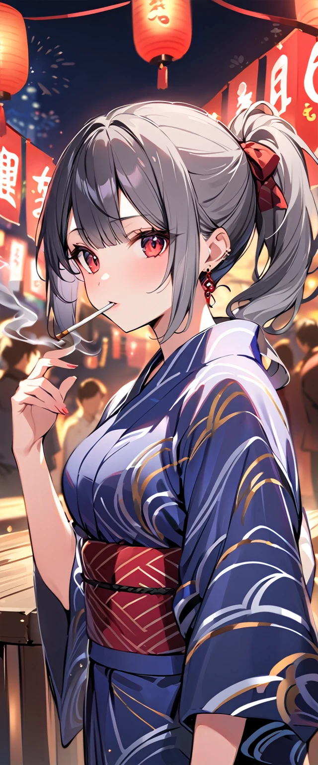 good looking, alone, 1 female, ponytail, Black hair with smoky grey tips, Red eyes,Earrings, smoking, night, Summer festival,Yukata,Black light