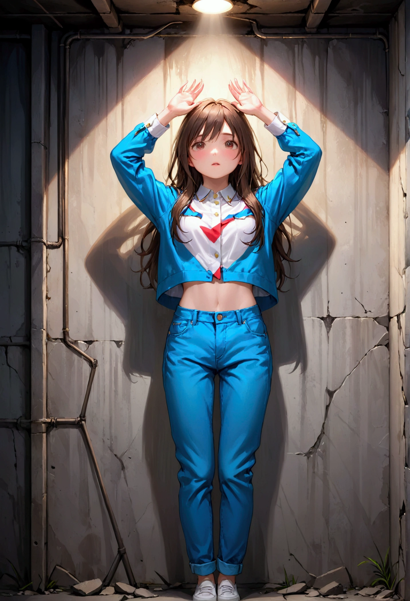 photorealistic, 8k, high quality, cinematic lighting, vibrant colors, detailed textures,one girl, wearing white buttoned long sleeve, tucked in a blue jeans, hands up, back against a cement wall, very dark basement, scared face, looking at the viewer, ((arms are raised upward, )), ((back on a wall)), teen,beautiful face, super model, french