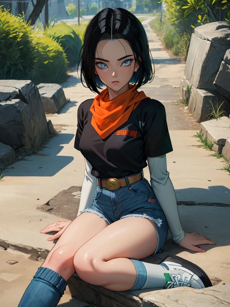 (masterpiece), best quality, expressive eyes, perfect face, highres, 1 girl, solo, android 17 girl, (female body:1.3), blue eyes, black short hair,parted hair,short hair, black shirt, jeans, layered shirt, white sleeves,orange bandana, blue sneakers, green socks, brown belt, red patch, outdoor, landscape, sitting on floor, portrait, looking at the viewer, An exquisite masterpiece of top quality and high resolution featuring Marnie. Big sleepy eyes, Aqua eyes、Glowing under the dim light. black short hair, magazine style, dark backbround