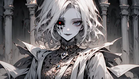 solo, female, grey skin, long white hair, silver brooch, dry body:1.2, empty eye sockets, eyeless, decayed body, gentle smile, f...