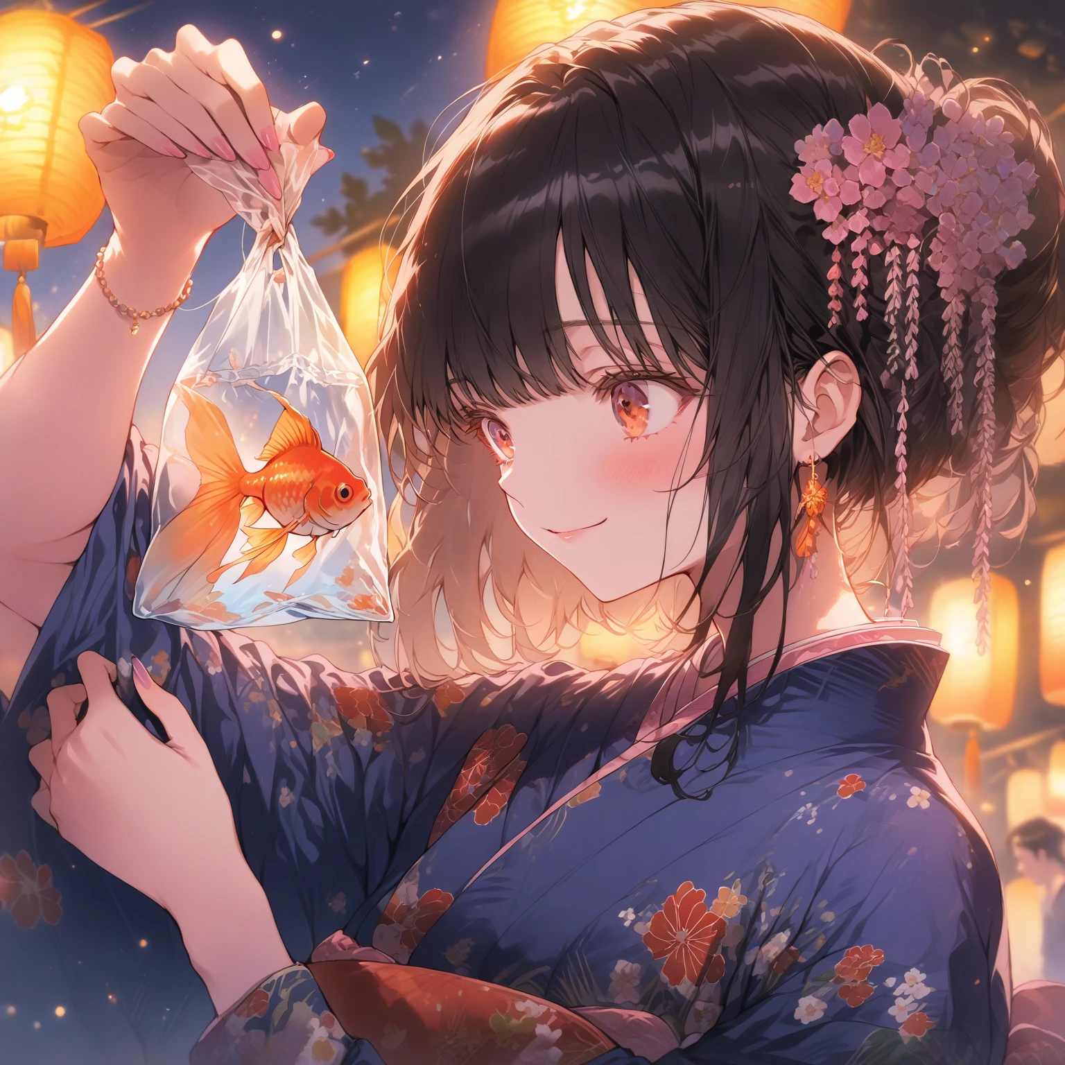 score_9_up, score_9, score_8_up, score_7_up, source_anime,masterpiece, best quality, high resolution, extremely detailed CG, absurdres, highres,On the evening of the summer festival, 1girl, solo, a girl in a yukata holds a goldfish in a small transparent plastic bag. The girl lifts the bag in front of her eyes and looks at the goldfish with a gentle smile, good_hands, Long eyelashes, detailed beautiful eyes, looking away, (from_side:0.8)