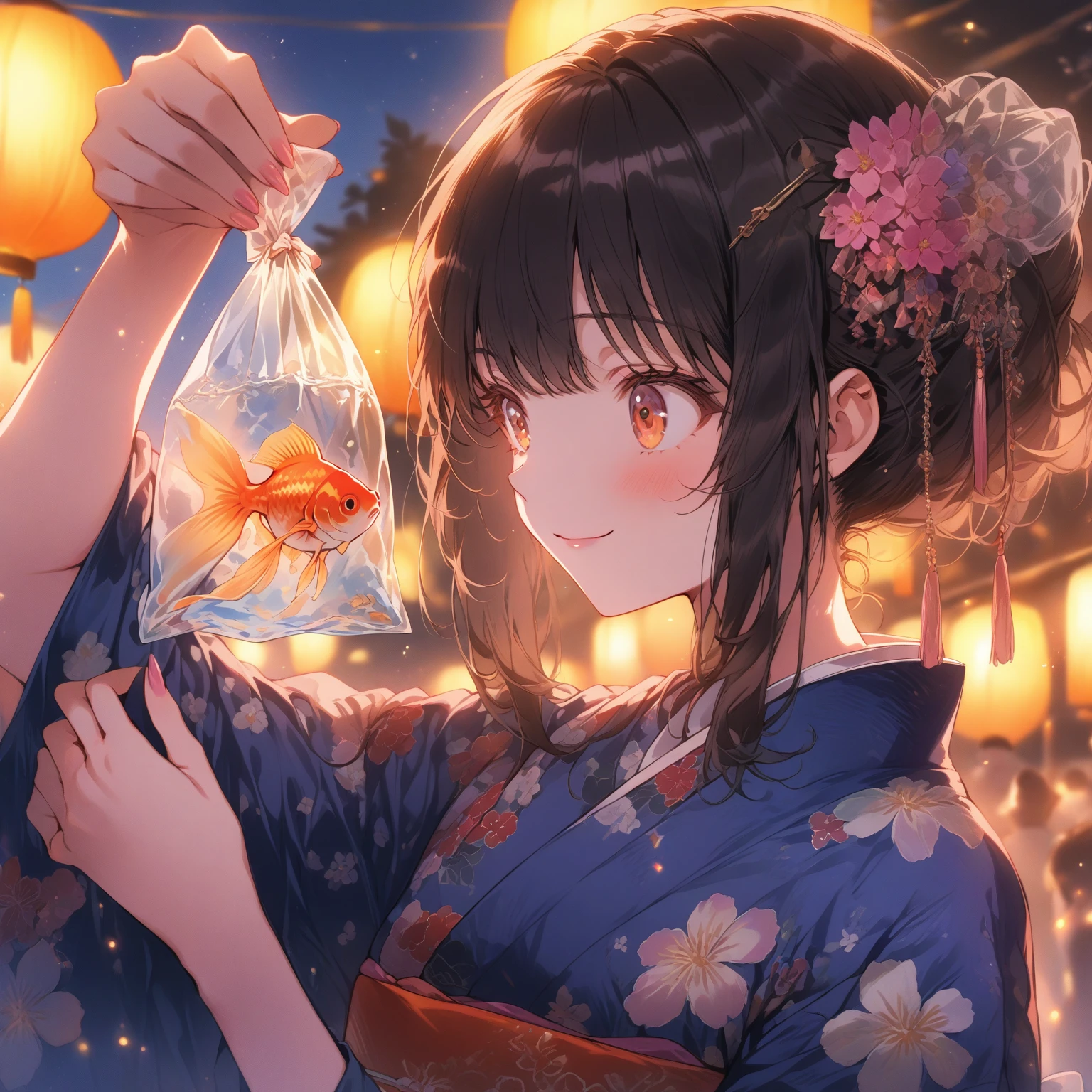 score_9_up, score_9, score_8_up, score_7_up, source_anime,masterpiece, best quality, high resolution, extremely detailed CG, absurdres, highres,On the evening of the summer festival, 1girl, solo, a girl in a yukata holds a goldfish in a small transparent plastic bag. The girl lifts the bag in front of her eyes and looks at the goldfish with a gentle smile, good_hands, Long eyelashes, detailed beautiful eyes, looking away