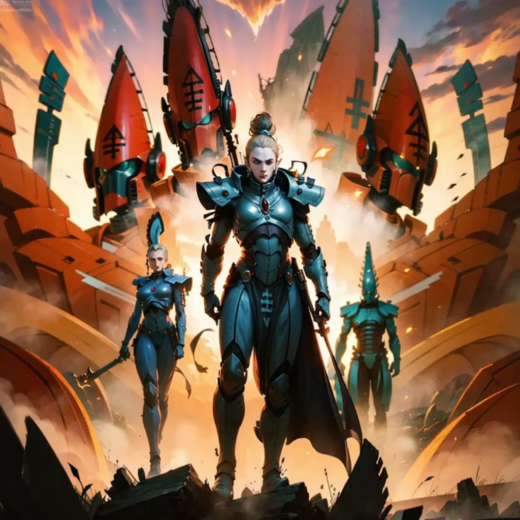 Yvraine, an elegant and formidable Aeldari warrior, dressed in her rune-adorned robe, wielding the sword Kha-vir, surrounded by a luminous and ethereal aura. Beside her, the Visarch, a towering warrior in ceremite armor, brandishing his cruel sword Asu-var, in a protective and battle-ready stance. The scene is set on a futuristic battlefield, with debris and flashes of dark and bright energy around. The image should be in 4K resolution and highly detailed, exquisite and mature manga art style, high definition, best quality, highres, ultra-detailed, ultra-fine painting, extremely delicate, professional, anatomically correct, symmetrical face, extremely detailed eyes and face, high quality eyes, creativity, RAW photo, UHD, 8k, Natural light, cinematic lighting, masterpiece-anatomy-perfect, masterpiece:1.5