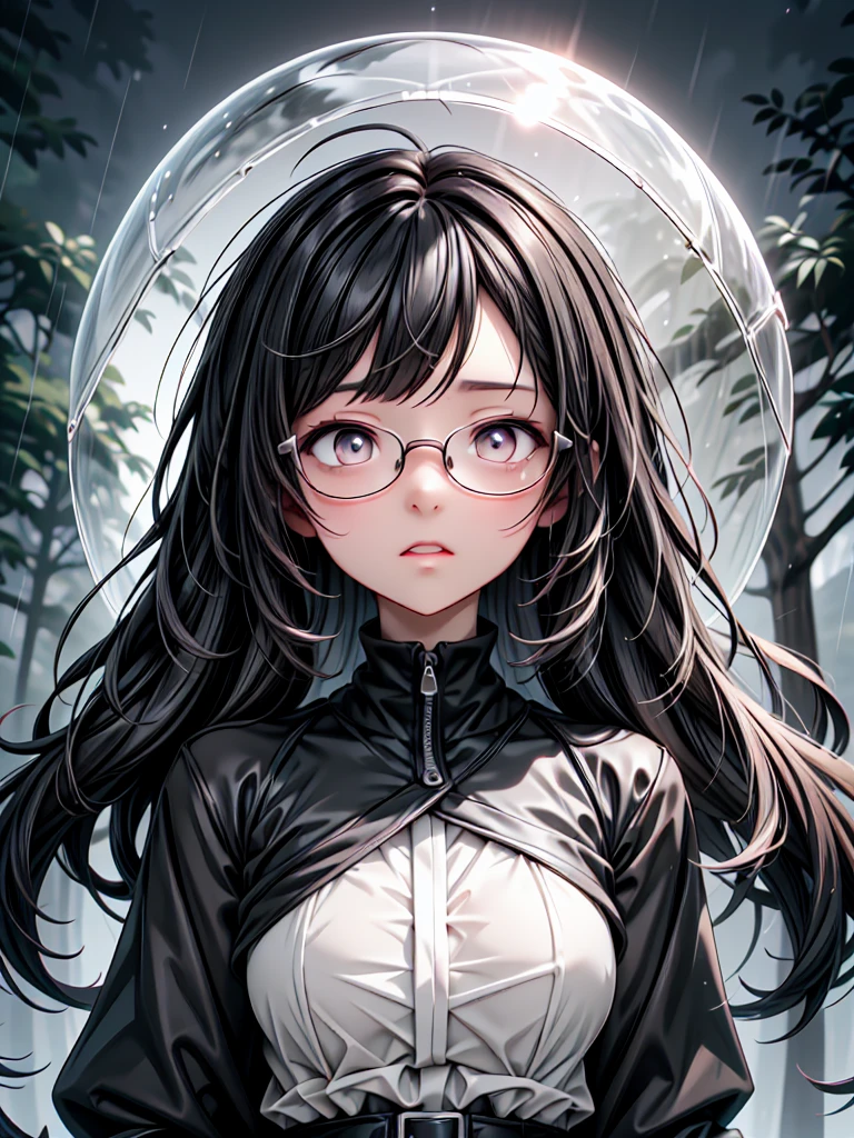 Anime man with black hair and fully beard and dark eyes around 1m wearing glasses circle ones with black and white dress under the forest with rain, black dark aura looking at the sky with sad face make it in 4k, HD, HIGH QUALITY, UHD, ULTRA HIGH QUALITY, as phone wallpaper