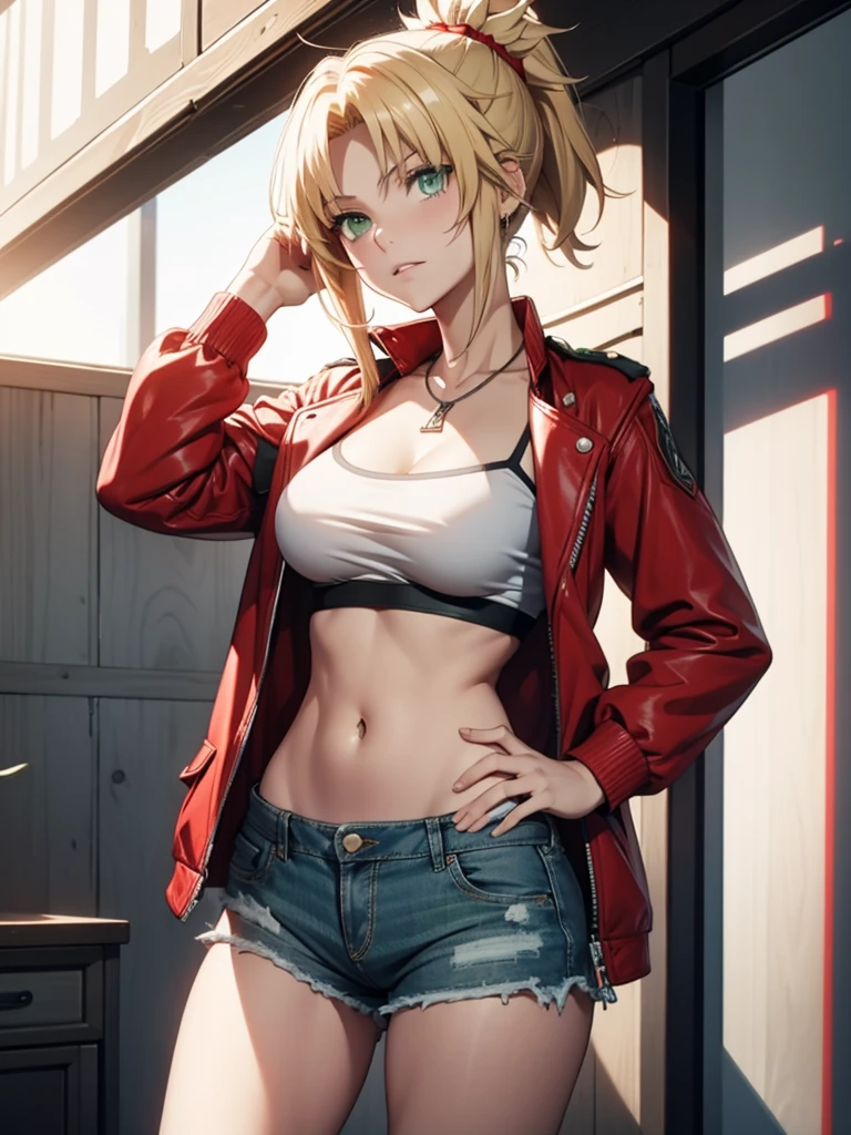 (​masterpiece、top-quality、hight resolution、Unity 8k、extremely details CG:1,Best Picture), modred, (green eyes:1.5), blonde hair, ponytail, short hair, scrunchie, red scrunchie, hair scrunchie, denim, denim shorts, jacket, jewelry, midriff, navel, necklace, red jacket, short shorts, shorts, tube top, white top, nsfw, Negotiating the price of prostitution,  Acknowledgement, willingness to