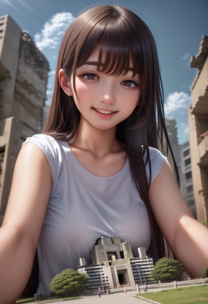 woman、giantess、Giantess、超巨大なwoman、smile、A lot of people、The fugitive々、A distant view of a broken miniature cityscape、A distant view of a broken miniature avenue、A devastating landscape、Devastating damage、Miniature ruins scenery、womanを大きく描く、fire、Black smoke、Miniature aerial photography